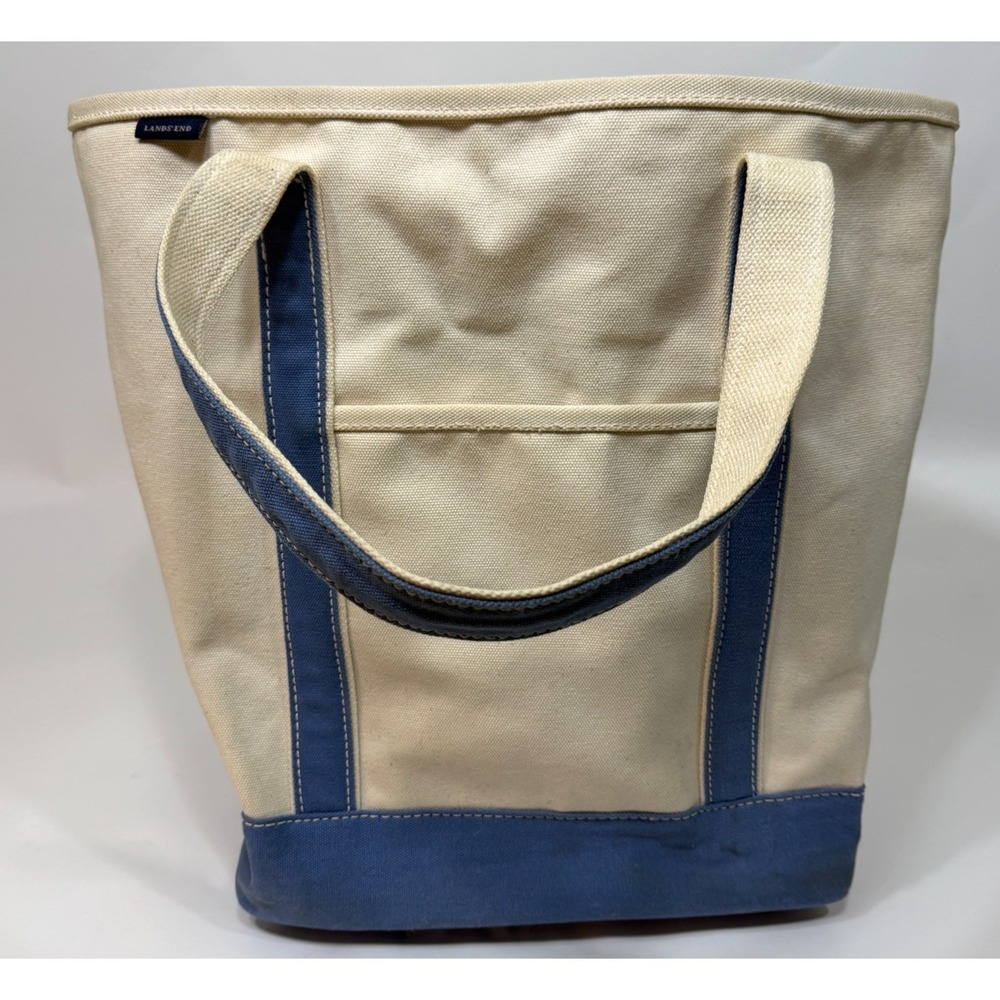 LANDS END Canvas Boat Tote Bag XL Blue Cream Ivory Open Top Carry All Heavy Duty